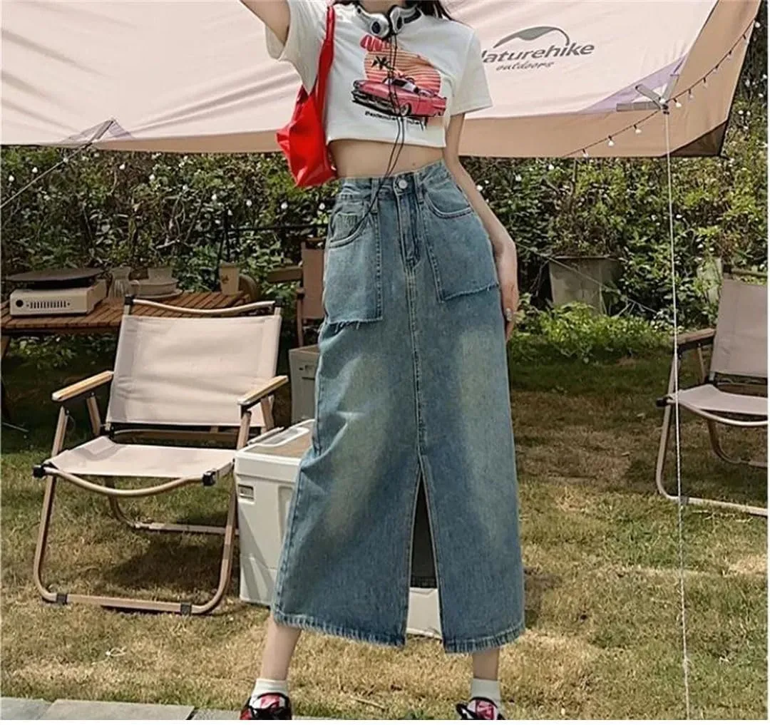Women's Style High-Waisted Slimming Petite A- Line Skirt Medium-Length Bodycon Skirt Vintage Side Slit Denim Skirt