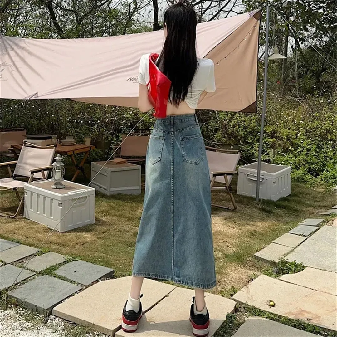 Women's Style High-Waisted Slimming Petite A- Line Skirt Medium-Length Bodycon Skirt Vintage Side Slit Denim Skirt