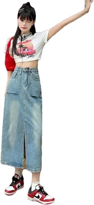 Women's Style High-Waisted Slimming Petite A- Line Skirt Medium-Length Bodycon Skirt Vintage Side Slit Denim Skirt