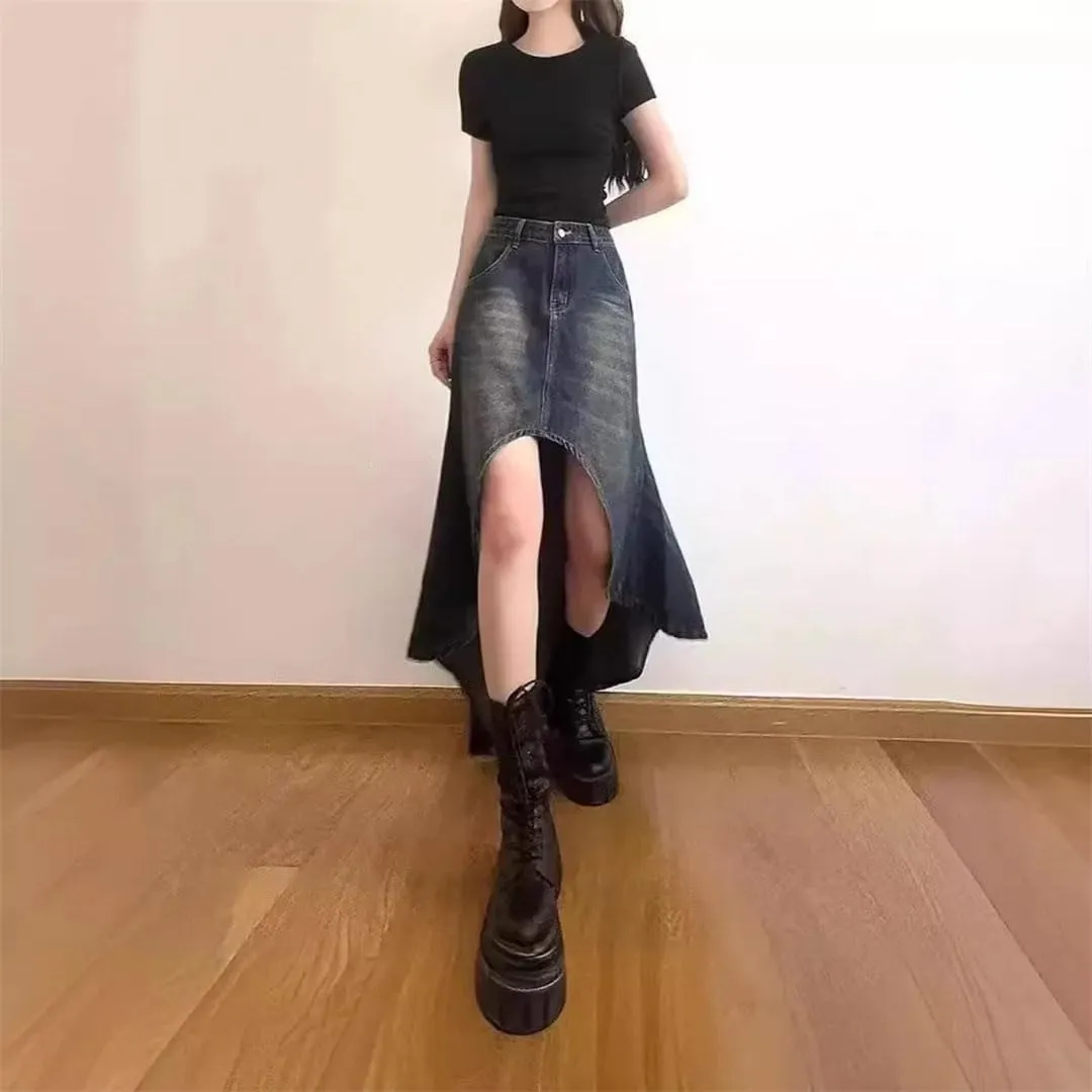 Women's Vintage High-Waisted Denim Skirt American Style Sensibility Petite Skirt