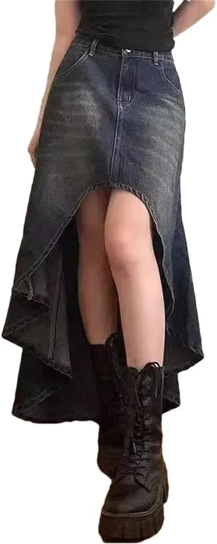 Women's Vintage High-Waisted Denim Skirt American Style Sensibility Petite Skirt