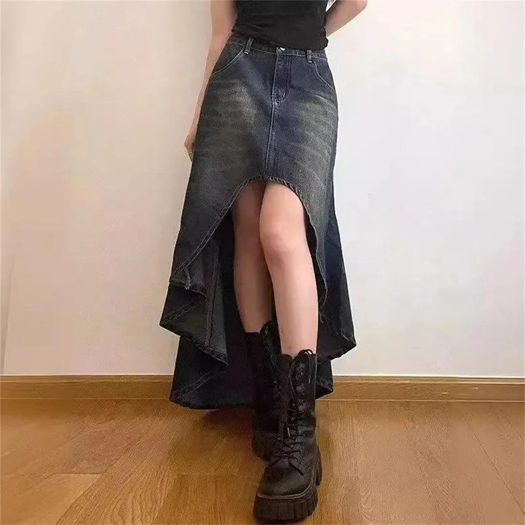 Women's Vintage High-Waisted Denim Skirt American Style Sensibility Petite Skirt