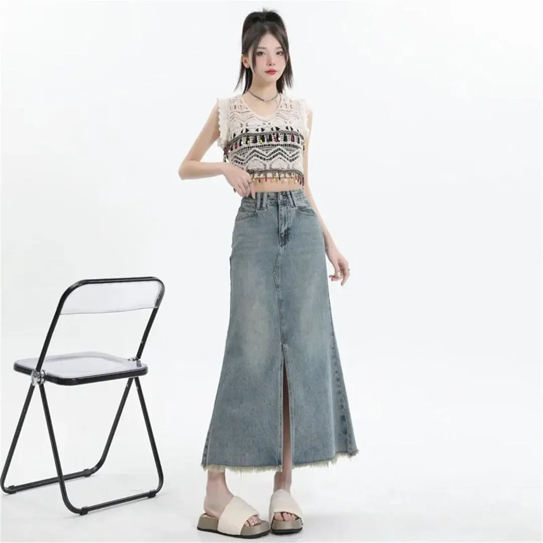 Women's Vintage High-Waisted Fringe Side Slit Denim Petite Slimming Style Belt-Hugging Skirt