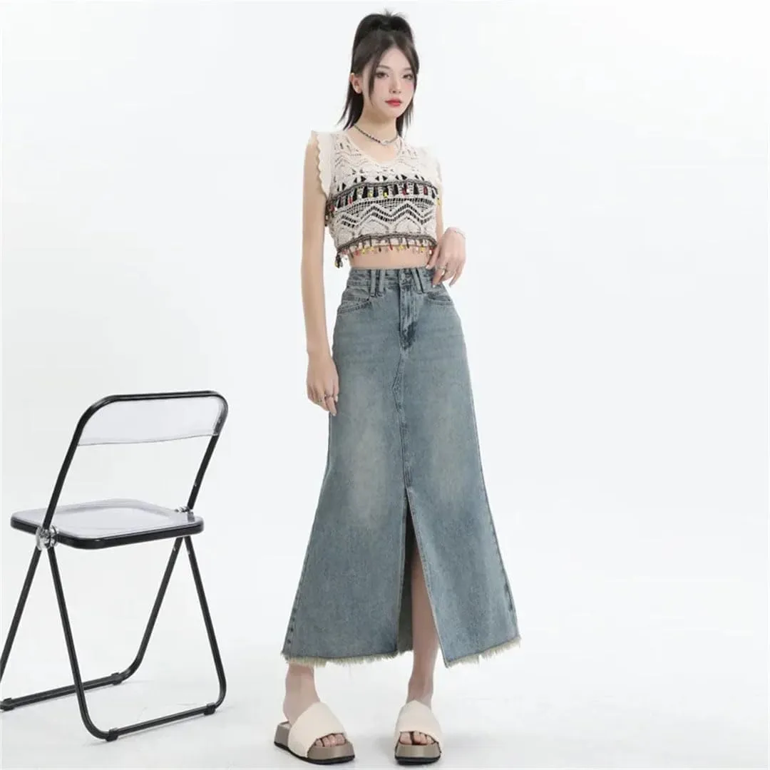 Women's Vintage High-Waisted Fringe Side Slit Denim Petite Slimming Style Belt-Hugging Skirt