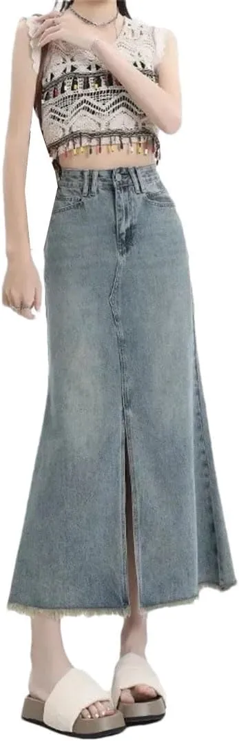 Women's Vintage High-Waisted Fringe Side Slit Denim Petite Slimming Style Belt-Hugging Skirt