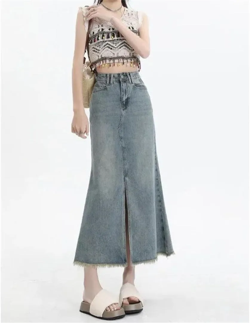 Women's Vintage High-Waisted Fringe Side Slit Denim Petite Slimming Style Belt-Hugging Skirt