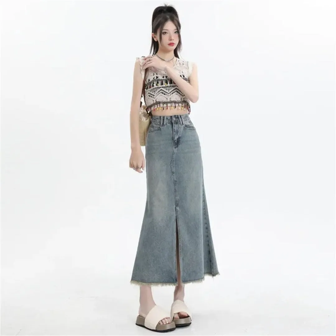 Women's Vintage High-Waisted Fringe Side Slit Denim Petite Slimming Style Belt-Hugging Skirt