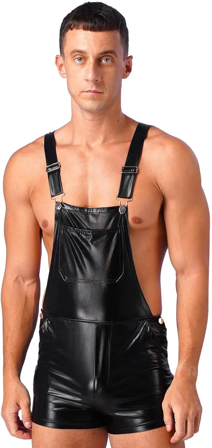 YEAHDOR Men's Shiny Metallic Bib Overalls Dungarees Suspender Hot Shorts Pants Festival Party Clubwear