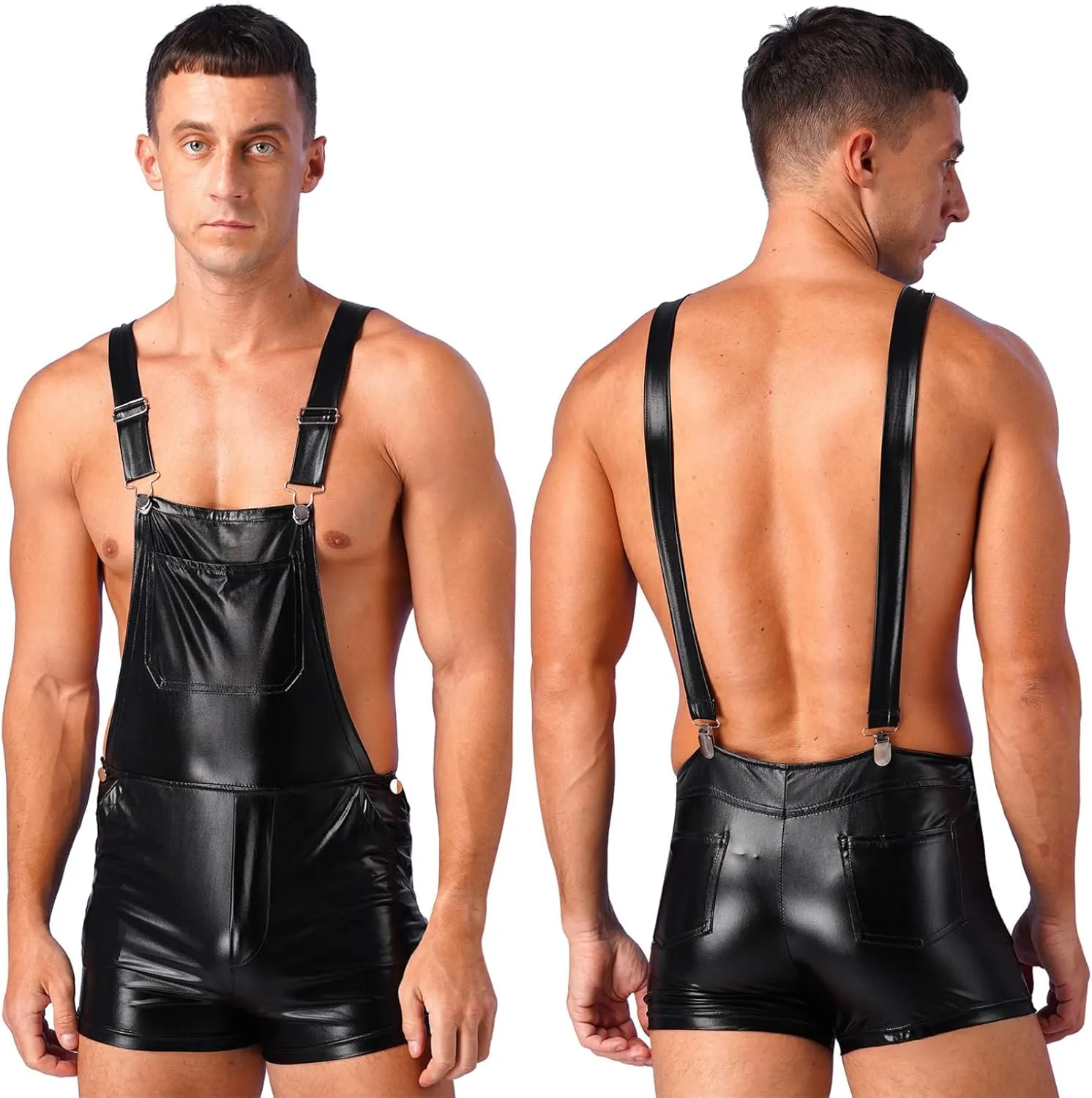 YEAHDOR Men's Shiny Metallic Bib Overalls Dungarees Suspender Hot Shorts Pants Festival Party Clubwear