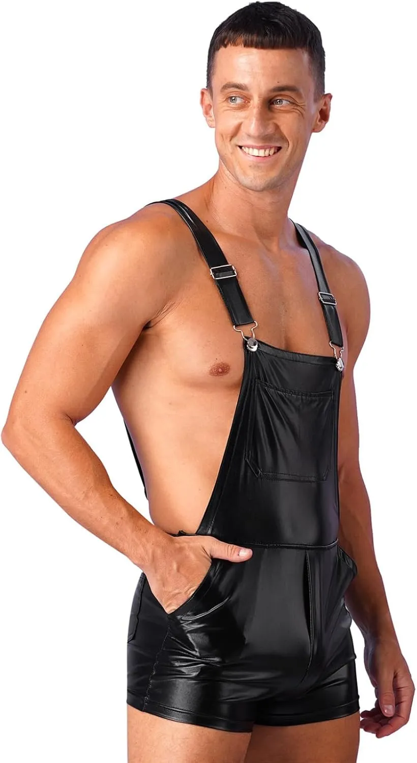 YEAHDOR Men's Shiny Metallic Bib Overalls Dungarees Suspender Hot Shorts Pants Festival Party Clubwear