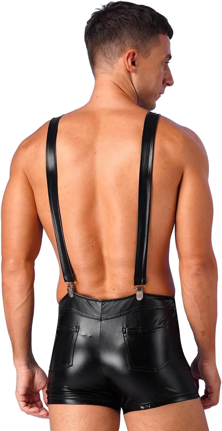 YEAHDOR Men's Shiny Metallic Bib Overalls Dungarees Suspender Hot Shorts Pants Festival Party Clubwear