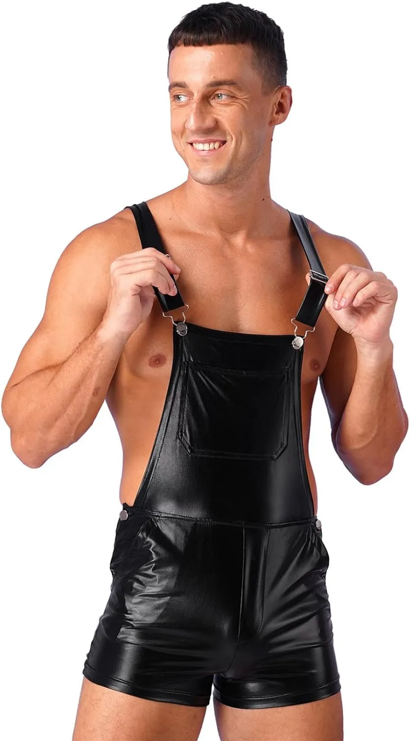 YEAHDOR Men's Shiny Metallic Bib Overalls Dungarees Suspender Hot Shorts Pants Festival Party Clubwear