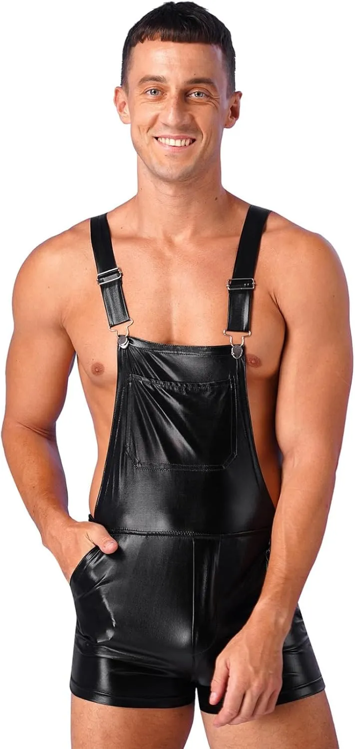 YEAHDOR Men's Shiny Metallic Bib Overalls Dungarees Suspender Hot Shorts Pants Festival Party Clubwear