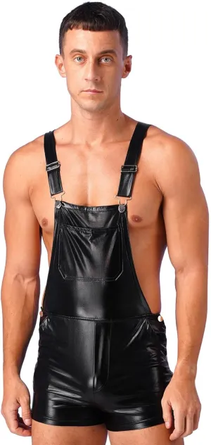 YEAHDOR Men's Shiny Metallic Bib Overalls Dungarees Suspender Hot Shorts Pants Festival Party Clubwear