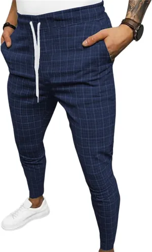 YIBIMOTTO Men's Casual Slim Pants Straight Leg Dress Pants Classic Business Suit Plaid Slacks Skinny Twill Checkered Chino Long Trousers with Pockets,Blue Plaid,L