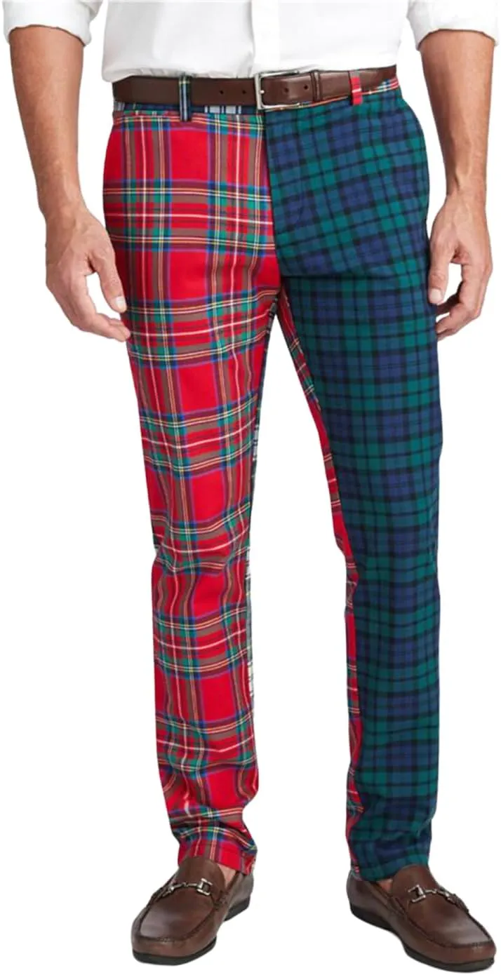 YIBIMOTTO Men's Casual Slim Pants Straight Leg Dress Pants Classic Business Suit Plaid Slacks Skinny Twill Checkered Chino Long Trousers with Pockets,Red&Green Plaid,XXL