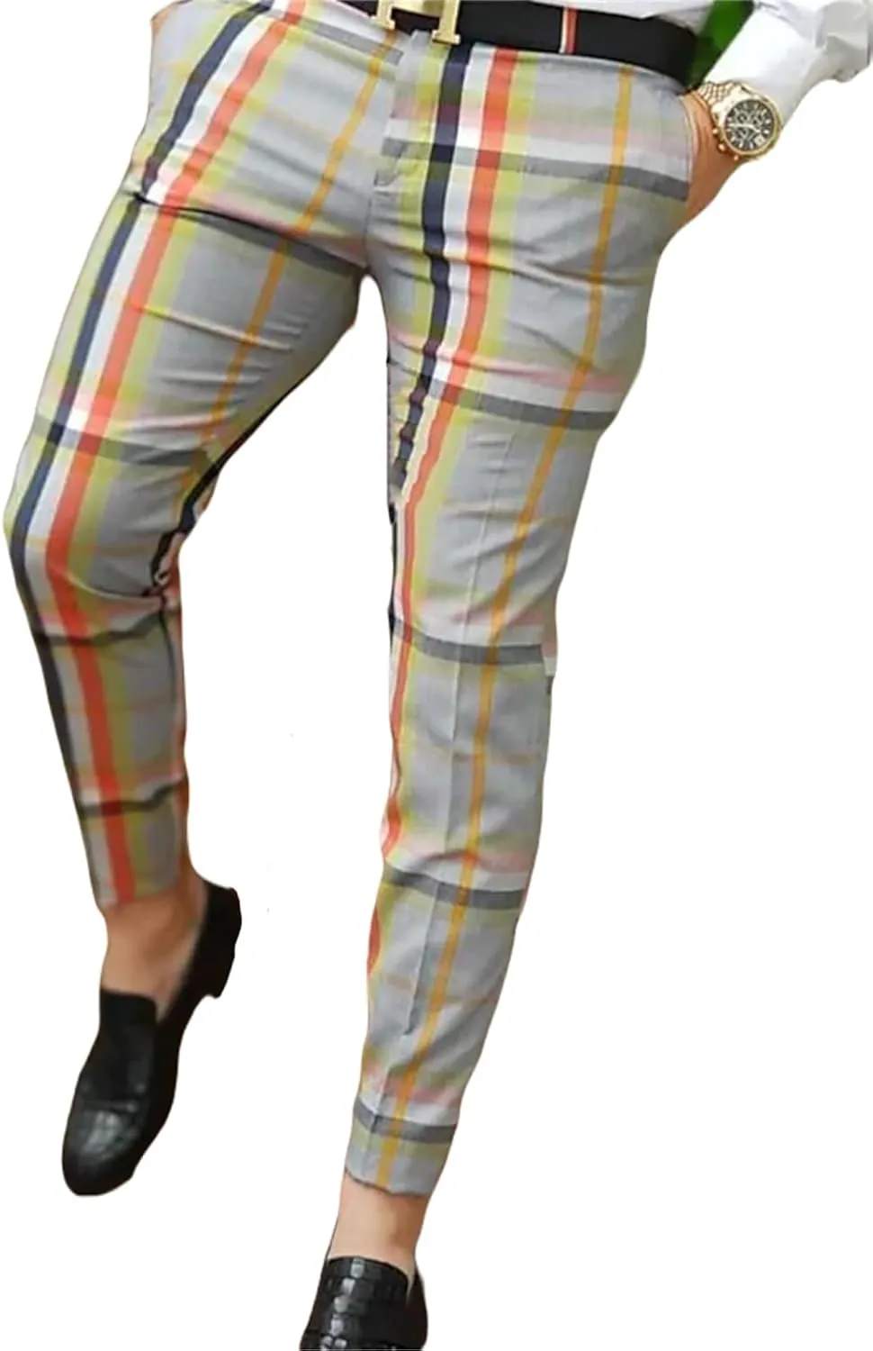 YIBIMOTTO Men's Slim Fit Pants Straight Dress Pants Business Suit Plaid Slacks Pants Skinny Twill Checkered Casual Chino Long Trousers with Pockets,Stripe,L