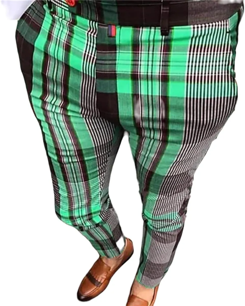 YIBIMOTTO Straight Dress Pants for Mens Business Suit Plaid Slacks Pants Slim Fit Pants Skinny Twill Checkered Casual Chino Long Trousers with Pockets,Green Stripe,S