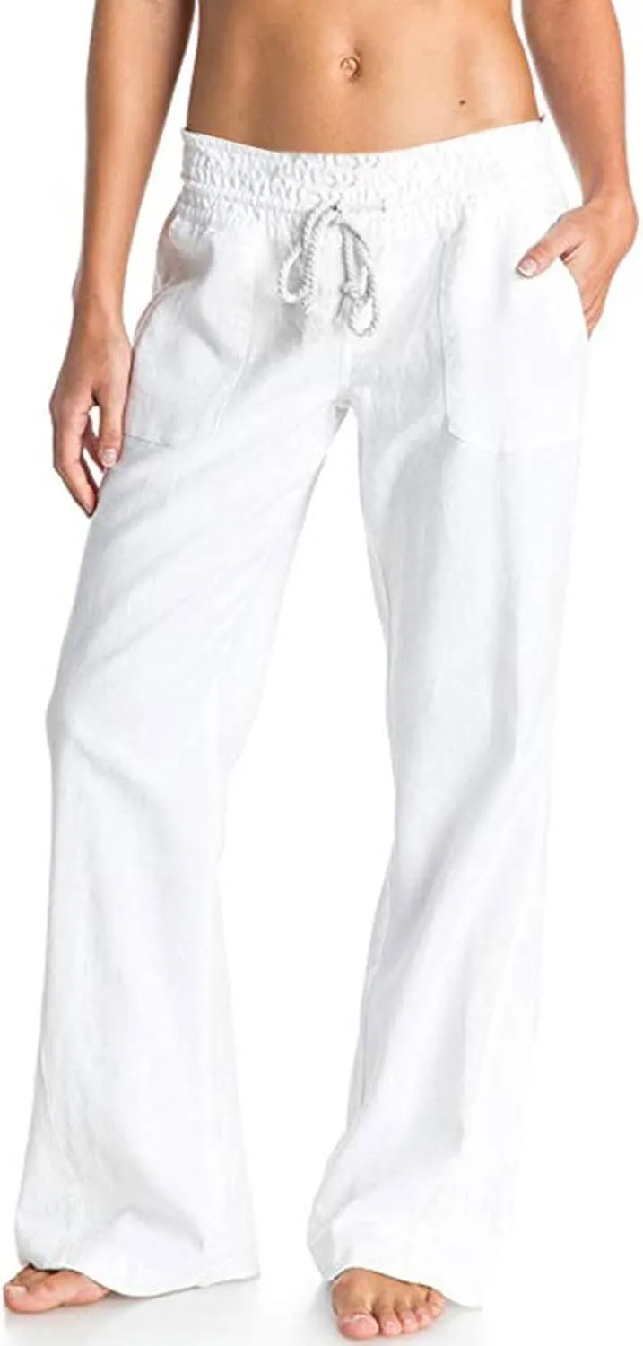 YOLAI Women's Casual Linen Pants Low Waist Drawstring Beach Trousers with Pockets Yoga Palazzo Exercise Pants with Pocket (White, M)