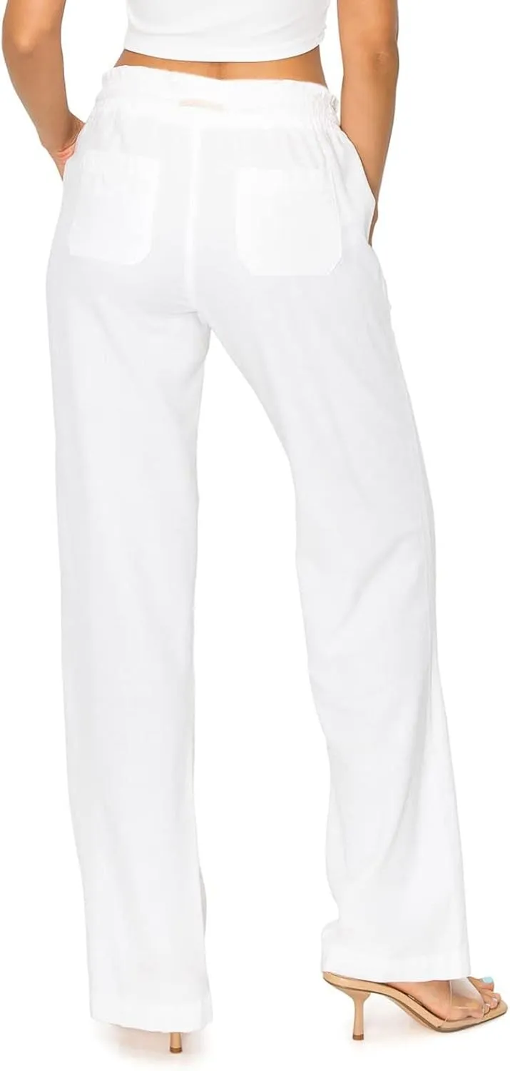 YOLAI Women's Casual Linen Pants Low Waist Drawstring Beach Trousers with Pockets Yoga Palazzo Exercise Pants with Pocket (White, M)