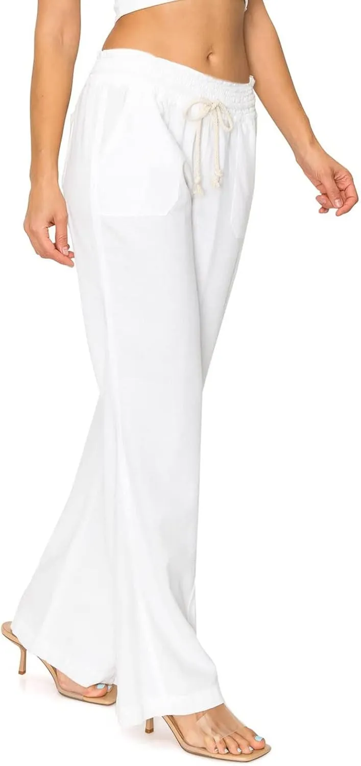 YOLAI Women's Casual Linen Pants Low Waist Drawstring Beach Trousers with Pockets Yoga Palazzo Exercise Pants with Pocket (White, M)