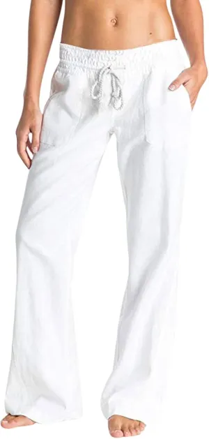 YOLAI Women's Casual Linen Pants Low Waist Drawstring Beach Trousers with Pockets Yoga Palazzo Exercise Pants with Pocket (White, M)