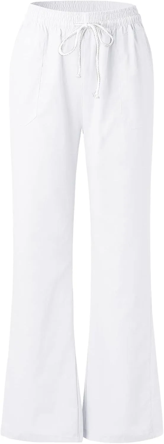 YOLAI Women's Casual Linen Pants Low Waist Drawstring Beach Trousers with Pockets Yoga Palazzo Exercise Pants with Pocket (White, M)