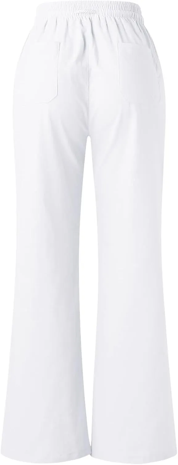 YOLAI Women's Casual Linen Pants Low Waist Drawstring Beach Trousers with Pockets Yoga Palazzo Exercise Pants with Pocket (White, M)