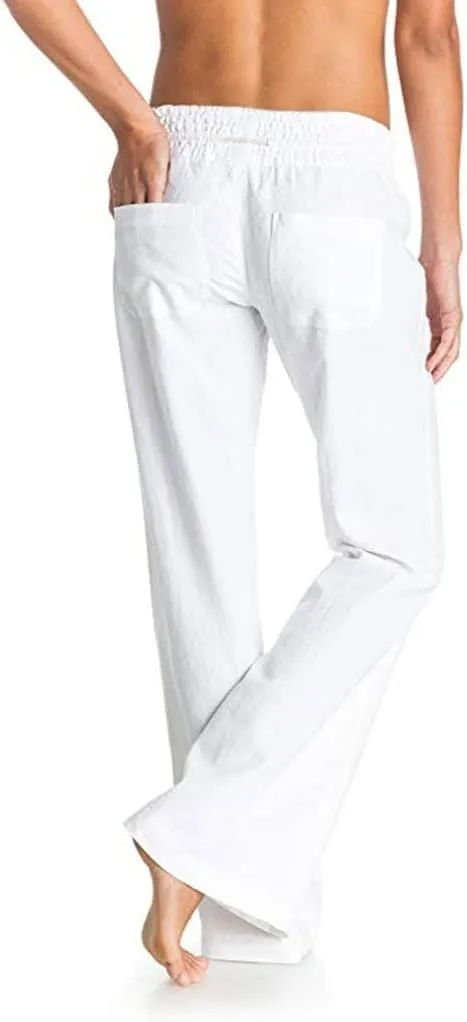 YOLAI Women's Casual Linen Pants Low Waist Drawstring Beach Trousers with Pockets Yoga Palazzo Exercise Pants with Pocket (White, M)