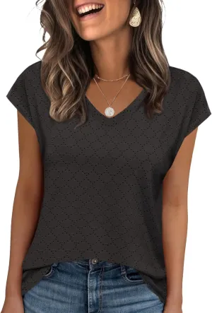 Zeagoo 2025 Women's Tank Top V Neck Eyelet T Shirts Cap Sleeve Tops Loose Fit Blouses Dressy Casual Summer Basic Shirts