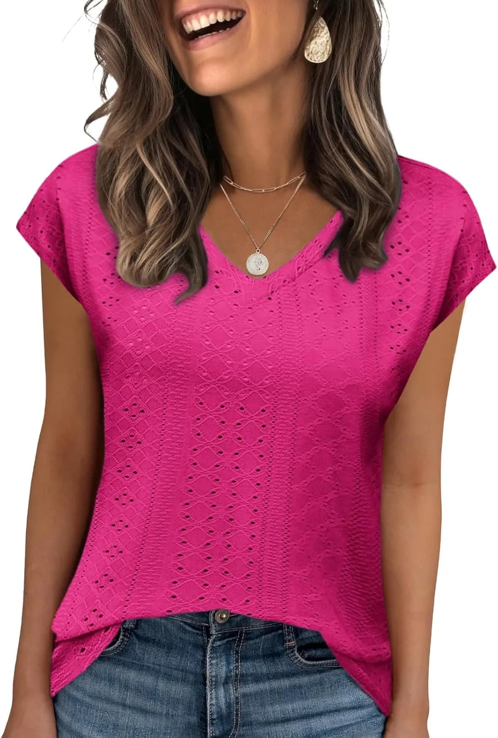 Zeagoo 2025 Women's Tank Top V Neck Eyelet T Shirts Cap Sleeve Tops Loose Fit Blouses Dressy Casual Summer Basic Shirts