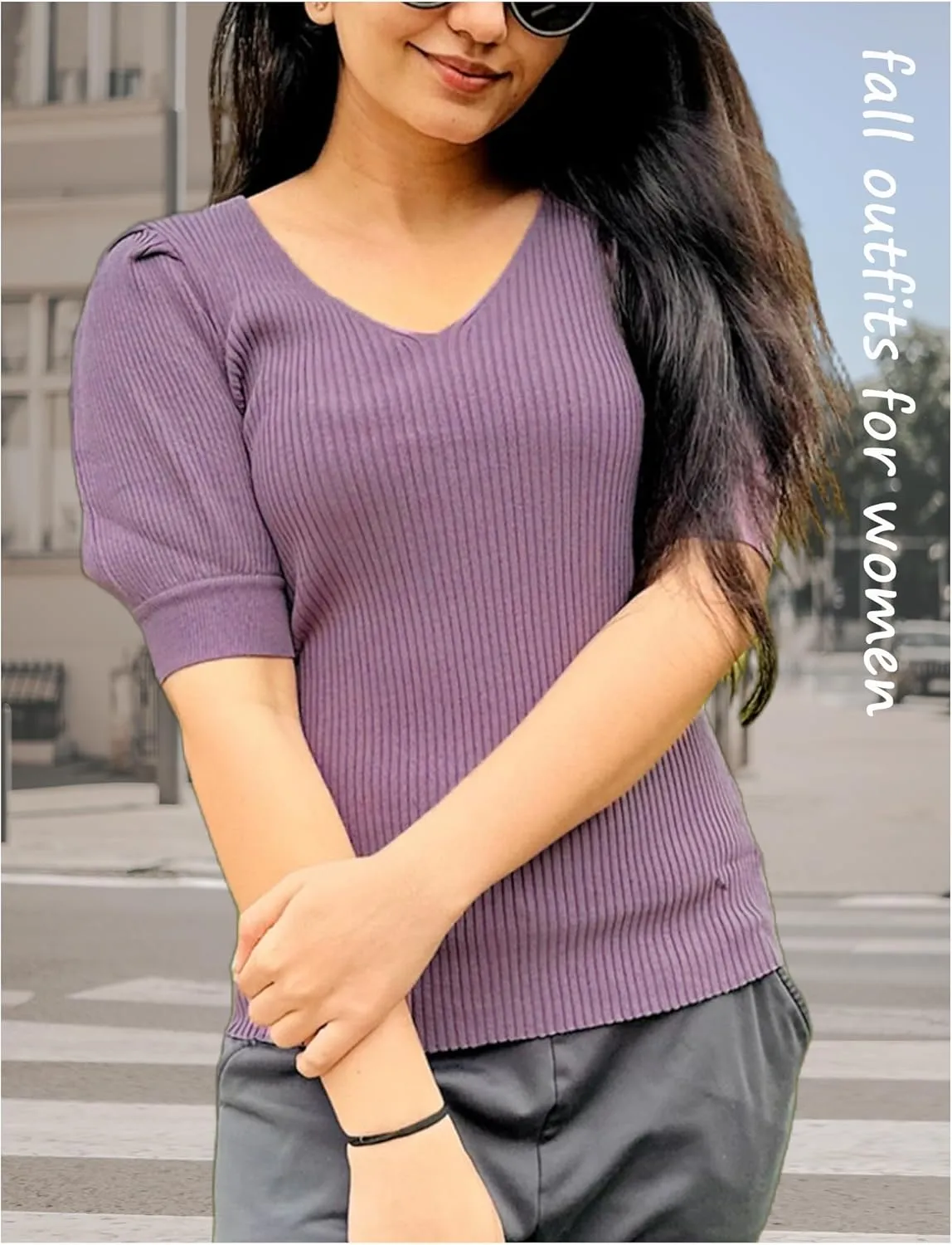 Zeagoo Fall Sweaters for Women 2024 V Neck Short Sleeve Shirt Ribbed Knit Fit Pullover Sweater Tops
