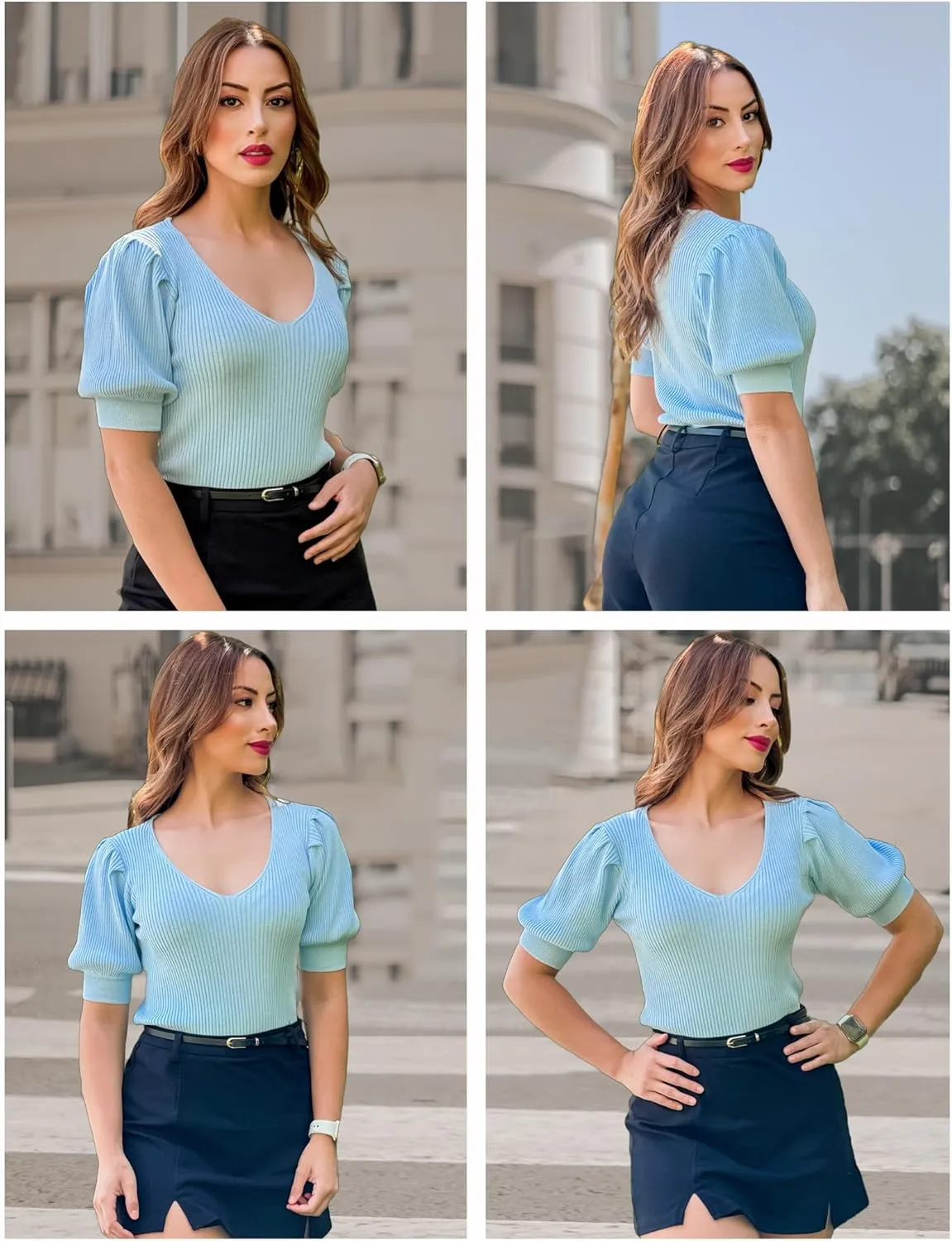 Zeagoo Fall Sweaters for Women 2024 V Neck Short Sleeve Shirt Ribbed Knit Fit Pullover Sweater Tops