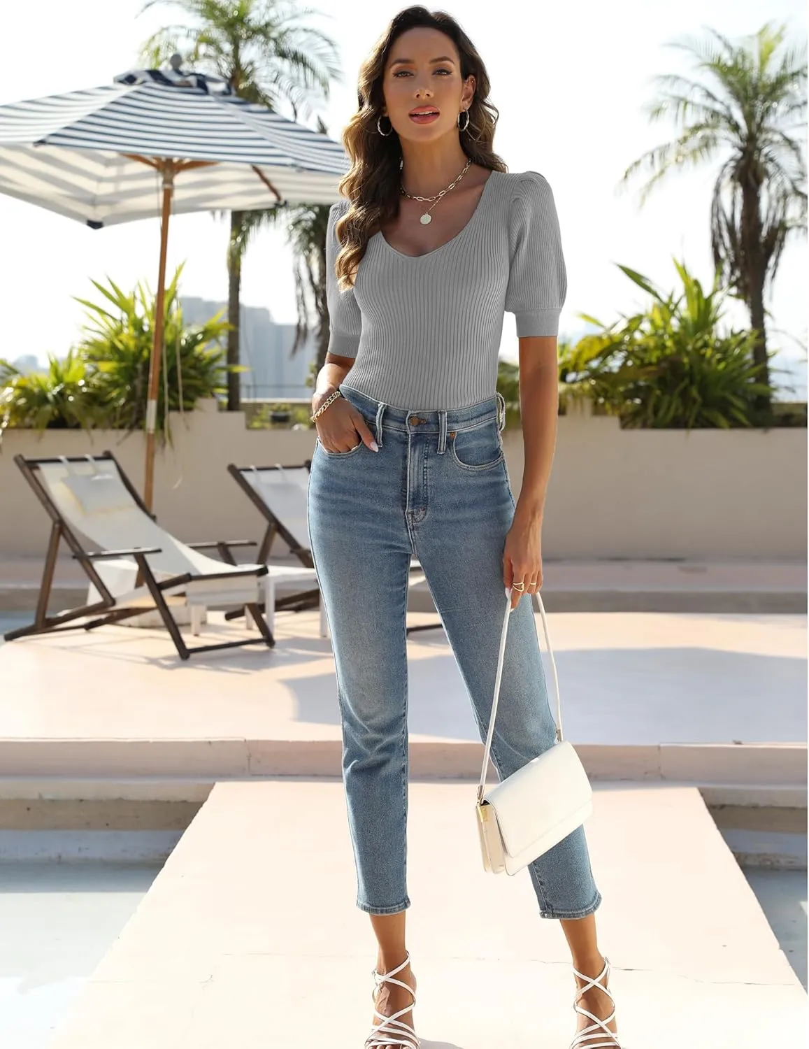 Zeagoo Fall Sweaters for Women 2024 V Neck Short Sleeve Shirt Ribbed Knit Fit Pullover Sweater Tops
