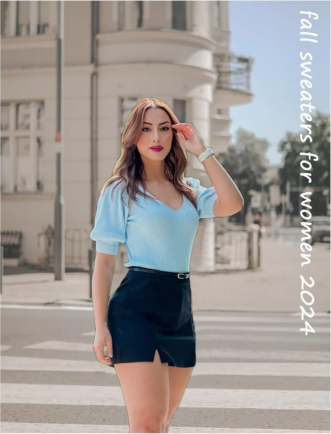 Zeagoo Fall Sweaters for Women 2024 V Neck Short Sleeve Shirt Ribbed Knit Fit Pullover Sweater Tops