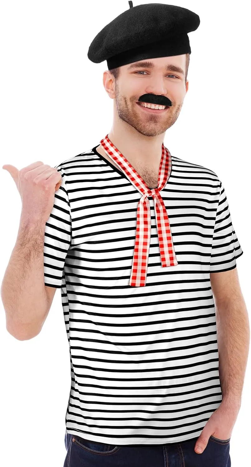 Zhanmai 4 Pcs French Men Mime Costume Black and White Stripe Neck Short Sleeve T Shirts Black Beret for Halloween Mardi Gras
