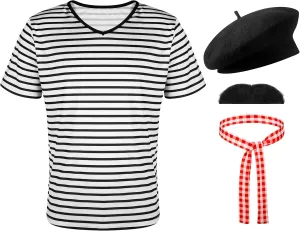 Zhanmai 4 Pcs French Men Mime Costume Black and White Stripe Neck Short Sleeve T Shirts Black Beret for Halloween Mardi Gras
