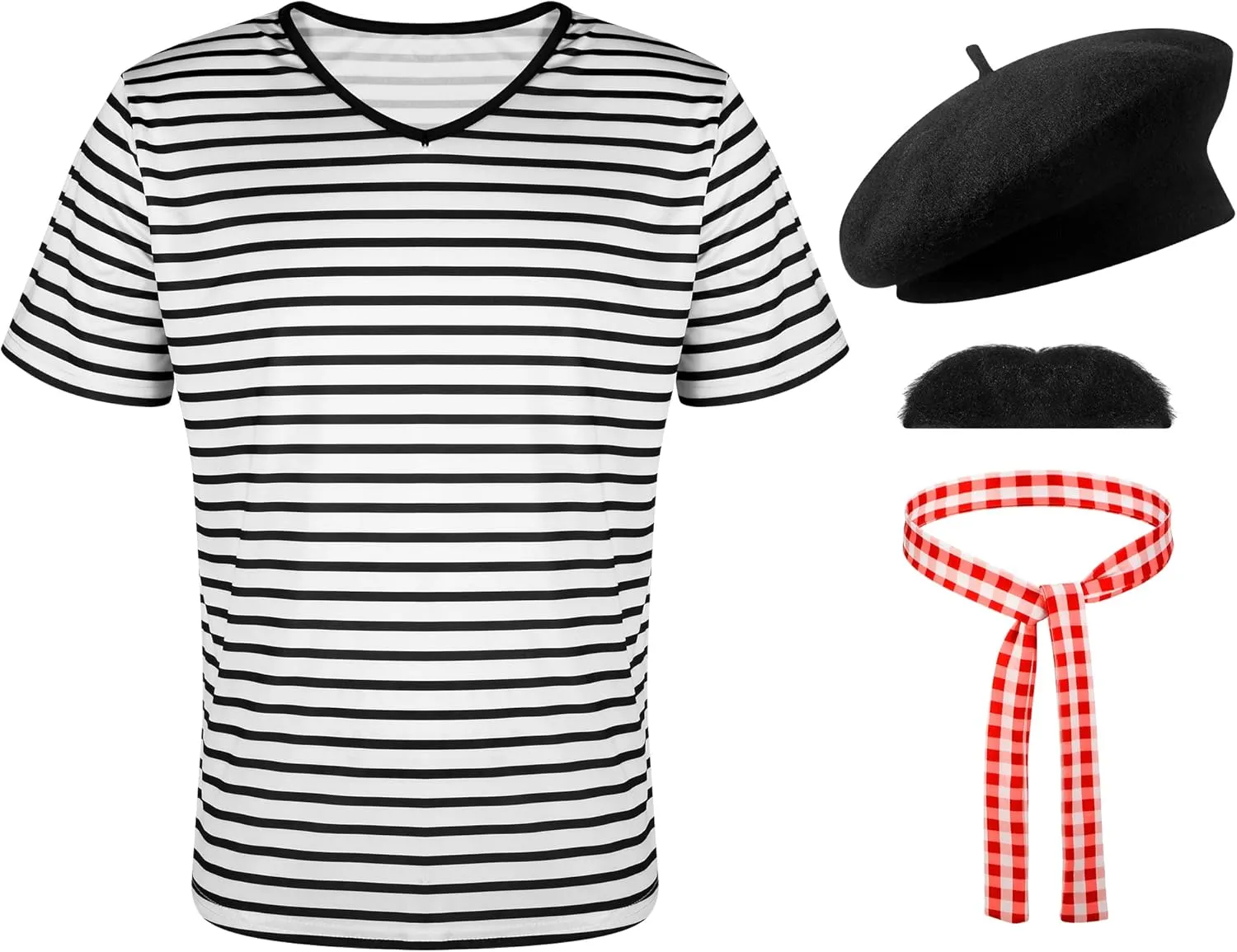 Zhanmai 4 Pcs French Men Mime Costume Black and White Stripe Neck Short Sleeve T Shirts Black Beret for Halloween Mardi Gras