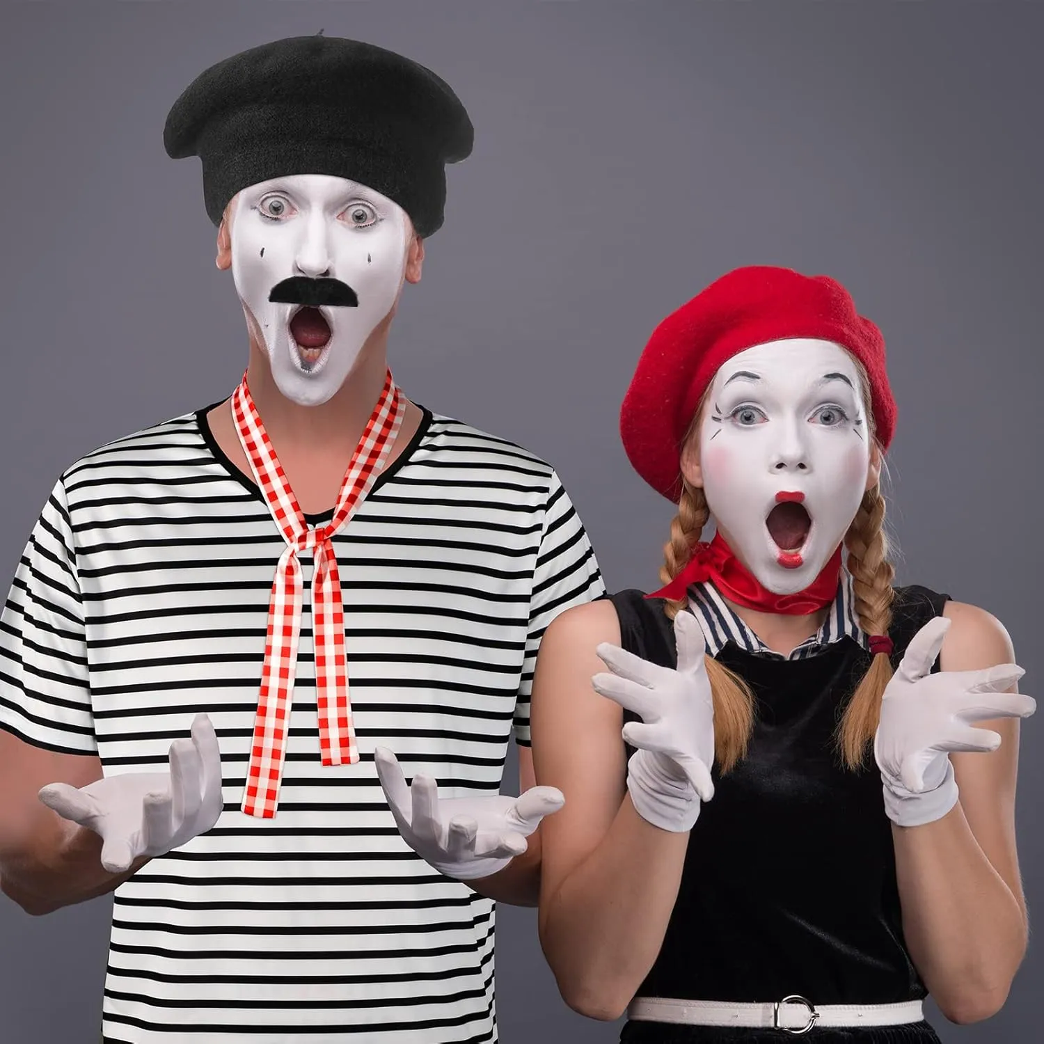 Zhanmai 4 Pcs French Men Mime Costume Black and White Stripe Neck Short Sleeve T Shirts Black Beret for Halloween Mardi Gras
