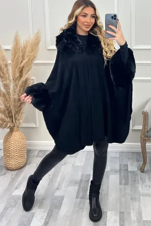 Zola Black Faux Fur Trim Open Cape