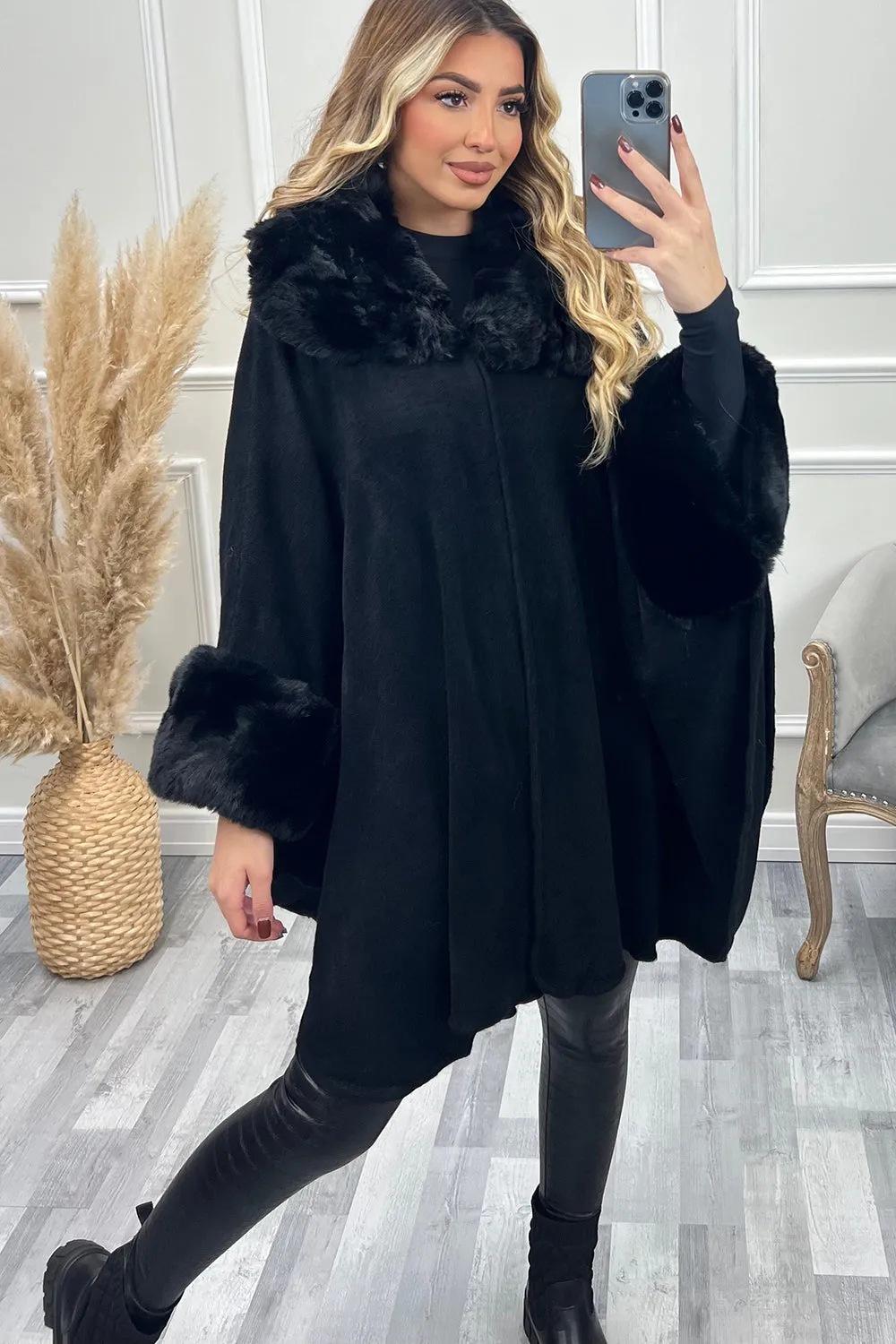 Zola Black Faux Fur Trim Open Cape