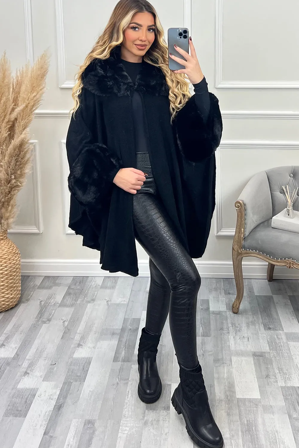 Zola Black Faux Fur Trim Open Cape