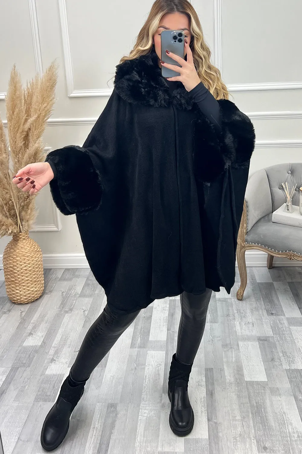 Zola Black Faux Fur Trim Open Cape